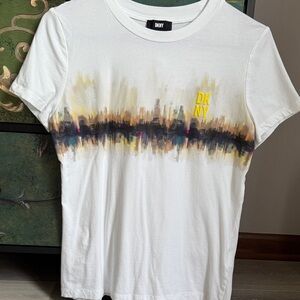 DKNY White Tee with Urban Multicolor Design